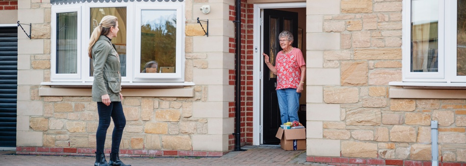 Young woman delivering food to elderly woman